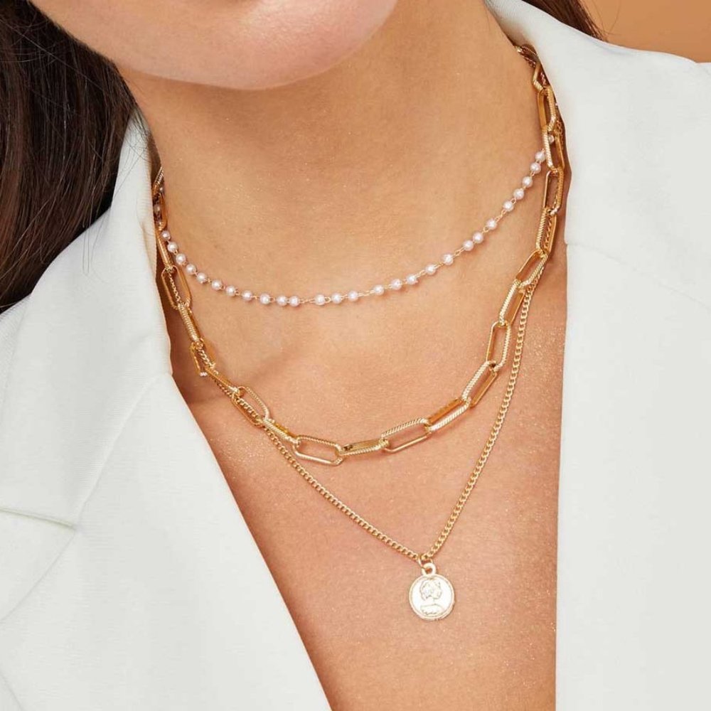 NEW Gold Triple Layer Coin Chain Pearl Necklace
